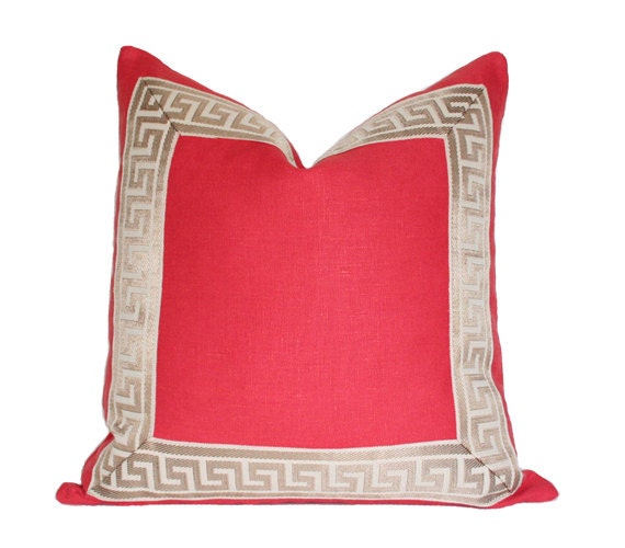 Coral Linen with Greek Key Border