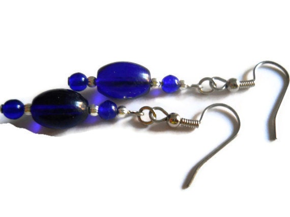 Royal Blue Earrings, Navy Blue Earrings, Modern Classic Silver Czech Glass Beaded Jewelry