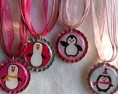 Whimsical Penguin bottle cap with  ribbon strand necklace