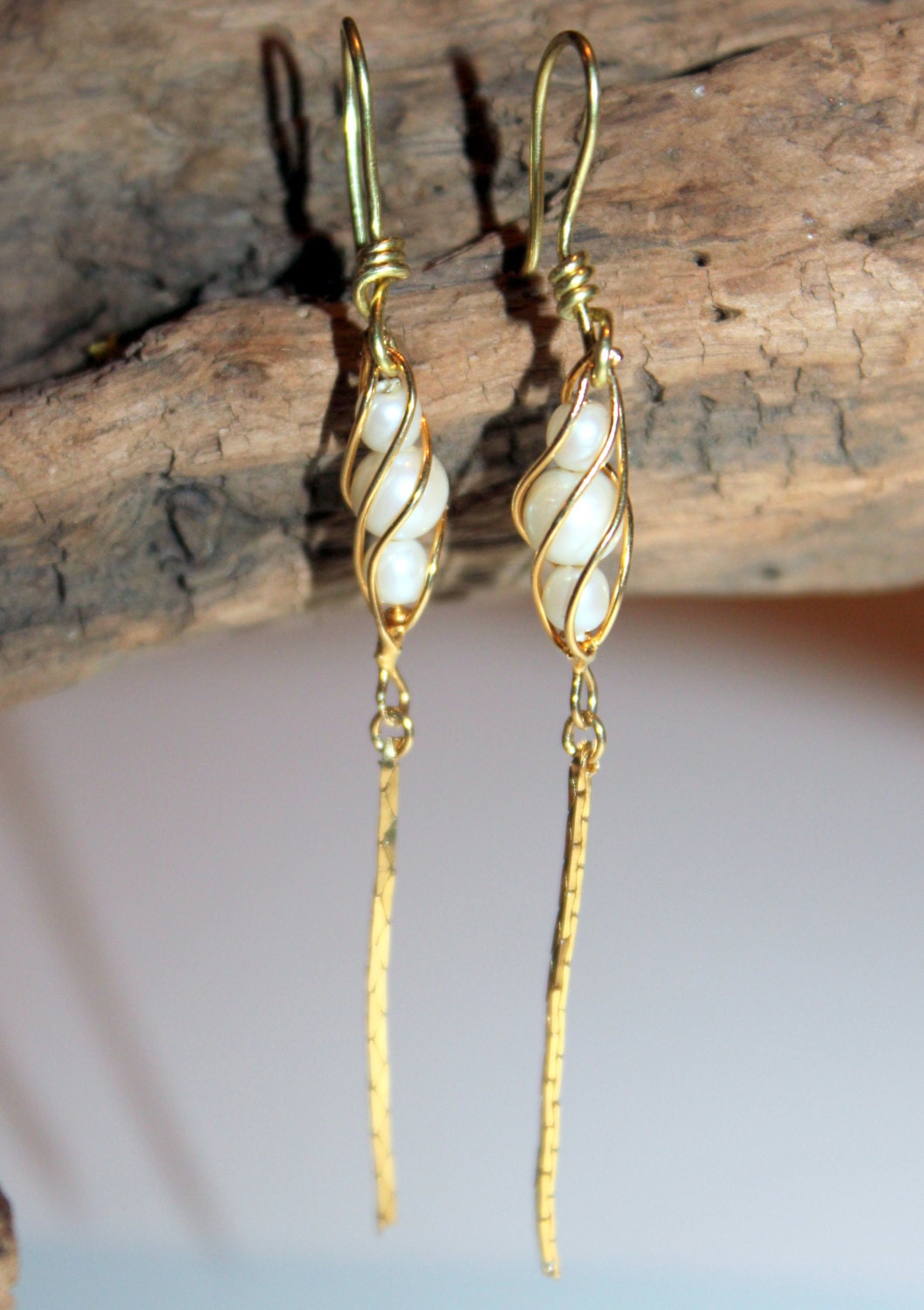 Wedding Dangles Up-cycled Re-purposed Jewelry Golden and Pearl Earrings