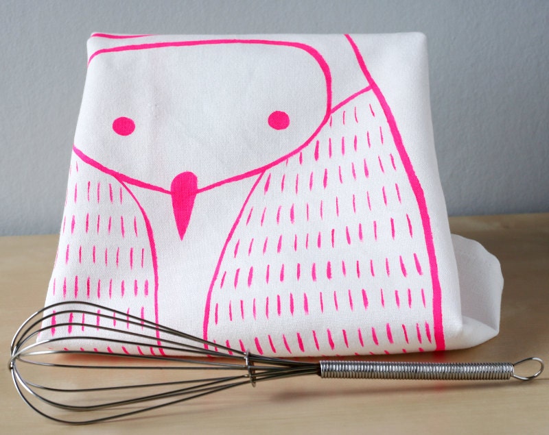 Designer Tea Towel : Neon Owl Dishcloth - White cotton tea towel handpainted in neon pink with an Owl