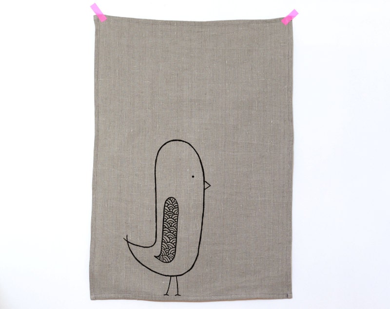 Bird tea towel - Funny Bird grey linen dishcloth - Eco friendly tea towel