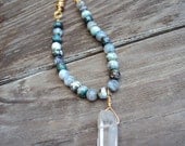 quartz crystal bohemian chic statement necklace fire agate gemstones with wire wrapped leather modern jewelry