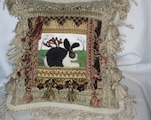 Pillow: Black & White Bunny Pillow, Handmade, Punch Needle, Unique, Room Decor or Gift
