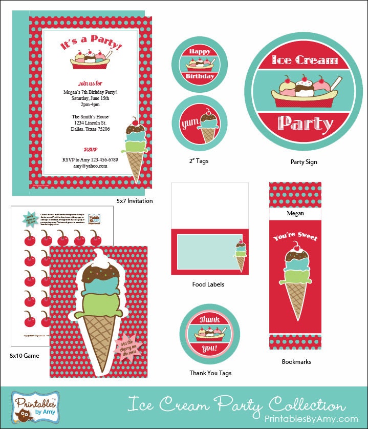 PRINTABLE Ice Cream Party Collection (Red & Turquoise)