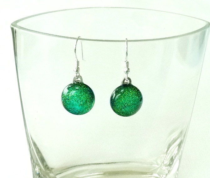 Dichroic glass earrings, fused glass, yellow green drops, sterling silver wires