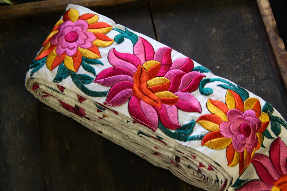 Festival of Flowers: Pink, Orange, Yellow, Green, Floral Silk Trim / Ribbon / Sari Border / India, 3 5/8" x 1 yard / Fresh Summer Fashion