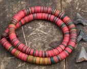Watermelon Time: African Vinyl Record Disc Beads, Statement Necklace, Pink, Green, 15x.5mm / Summer Festival Fashion, Craft Supplies