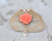 Coral Orange Rose and White Swarovski Pearl Teardrop Necklace, Bridal Necklace, Wedding Bridesmaids Jewelry
