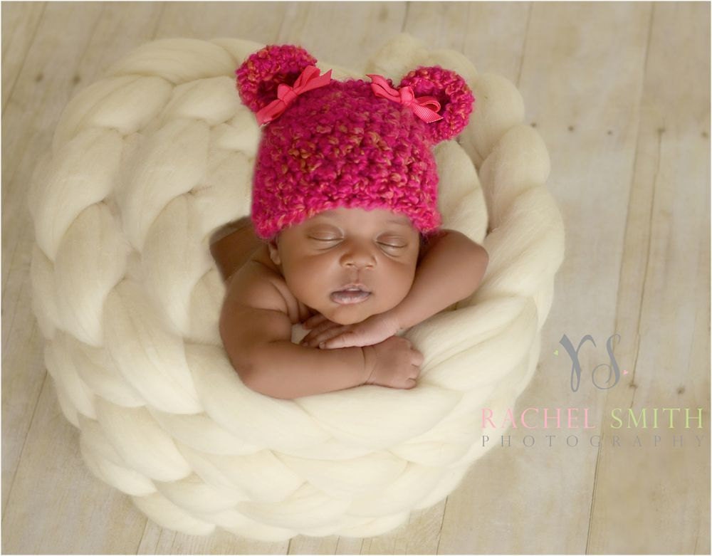 Baby Bear Beanie / Baby Girl Crochet Hat / Chunky Raspberry / Newborn Bear Hat / Newborn to 3 months / Photo Prop