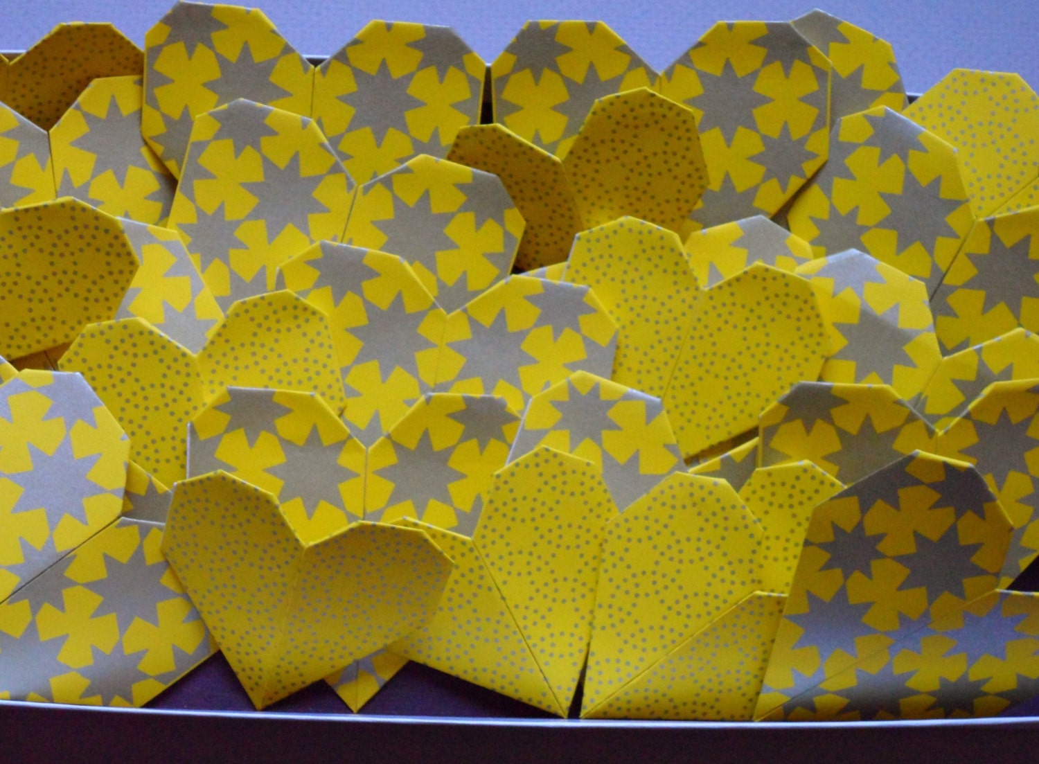 Origami Hearts Bright Summer Starry Yellow and Dotted Yellow Prints-PageMarkers, Placecards, Keepsakes, Party Favors