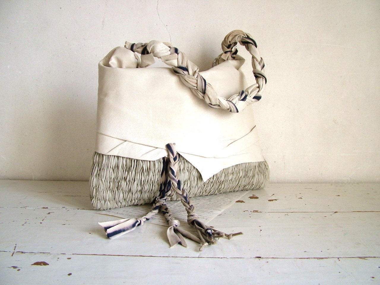Woven Handbag with White Leather and Grey Handweave. Plaited Stripe Details. Handmade to Order.  Available in Sand also.