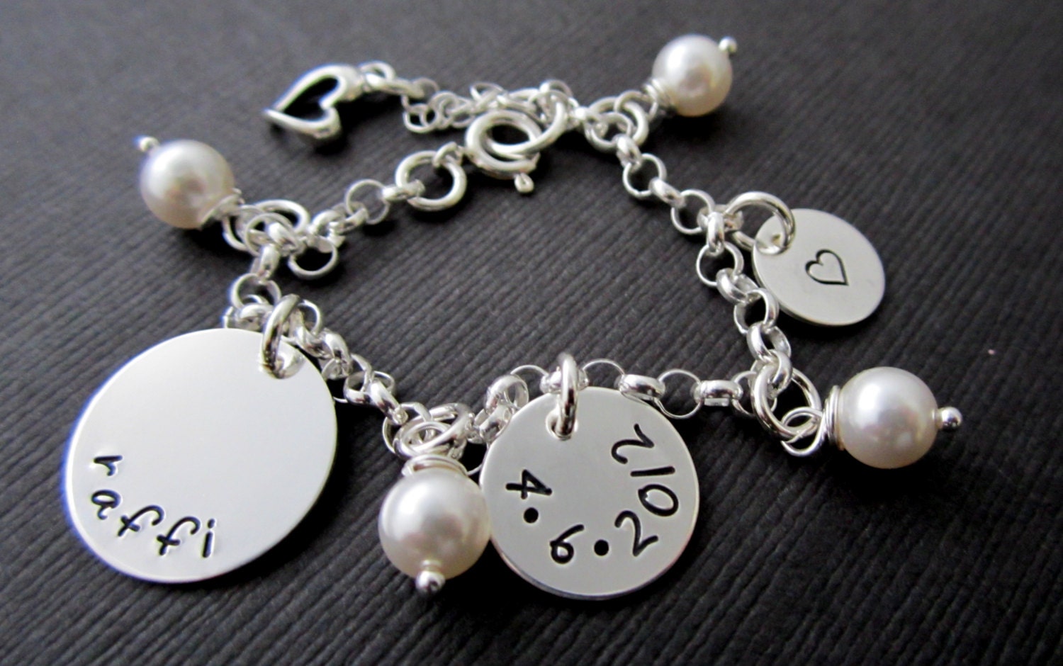 Personalized Little Girls Name Bracelet Flower Girl Gift Baby Bracelet Baby Baptism Gift Name, Birth Date, Pearls & Heart Children's Jewelry