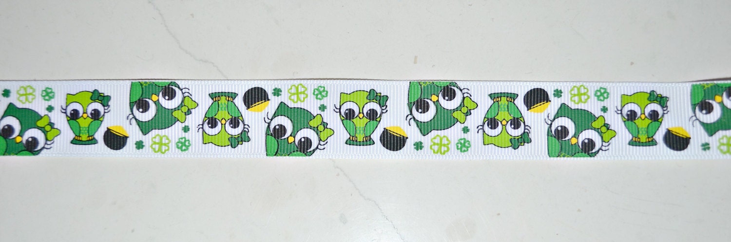 Irish Owls and pots of gold on white 7/8" grosgrain ribbon- St Patricks day Il_170x135
