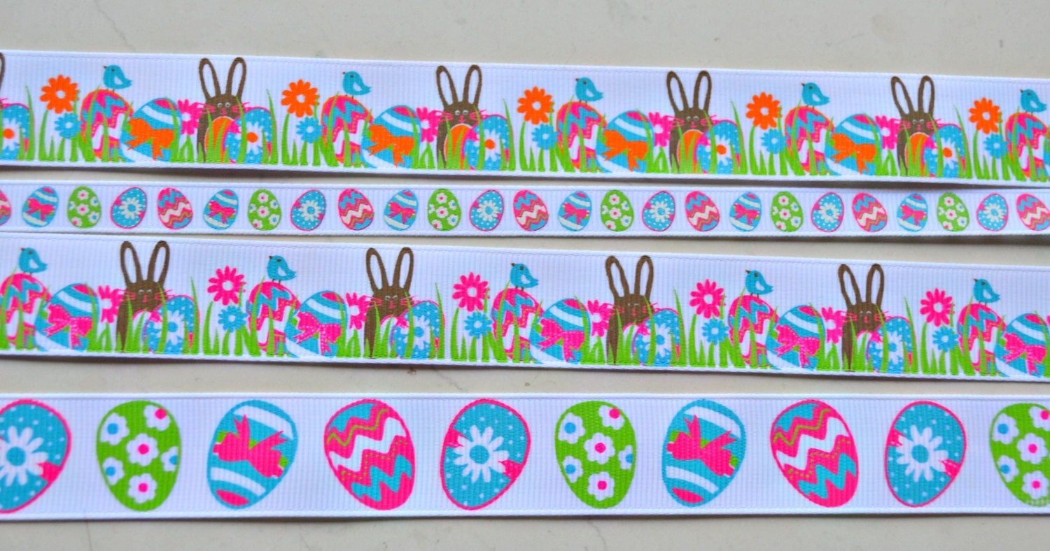 Chocolate Bunnies hiding in the grass on 3/8" and 7/8" grosgrain ribbon 4 yards Il_170x135