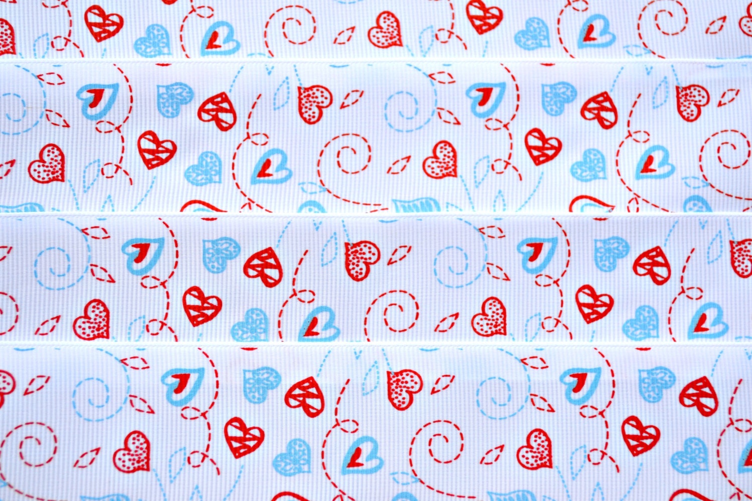 Scattered Baby blue & red Hearts on white 1 1/2" grosgrain ribbon Valentines Il_570xn