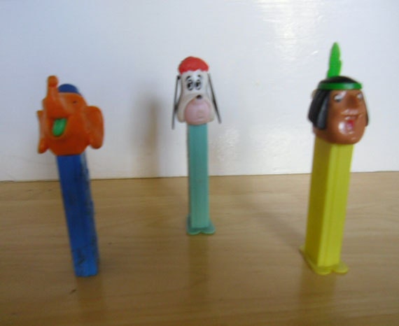 Vintage Pez Dispensers / Blue/Orange Elephant NF Flat Hat, Yellow Indian Whistle Feet, Green Droopy Dog Moving Ears Feet