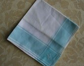 Vintage Handkerchief, Hanky - Turquoise and White Monogrammed with  M