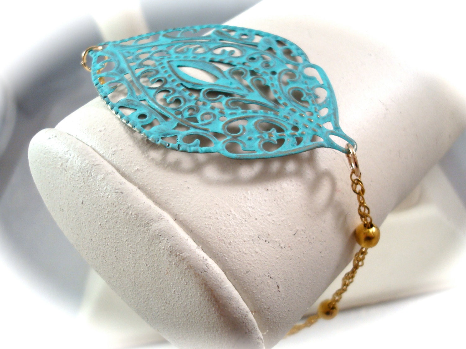 Aqua Filigree Gold Chain Bracelet - Isis - Patina Leaf