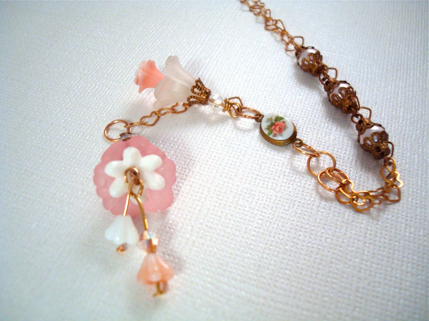 Pink Posies Flower Rose Necklace - Secret Garden - Ultra Feminine Shabby Chic Spring