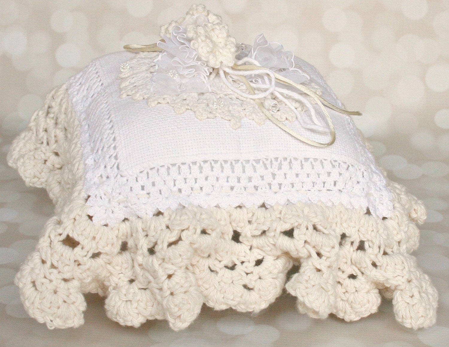 Ring Bearer Pillow, Wedding Ring Pillow, Bridal Pillow, Ivory, White, Crocheted, Lace, Swarovski  Crystals, Flowers