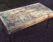 Reserved Listing for Brooke 48"W x 18"D x 36"H Vintage Detroit Map Coffee Table Made from Pallet Wood and Hairpin Legs