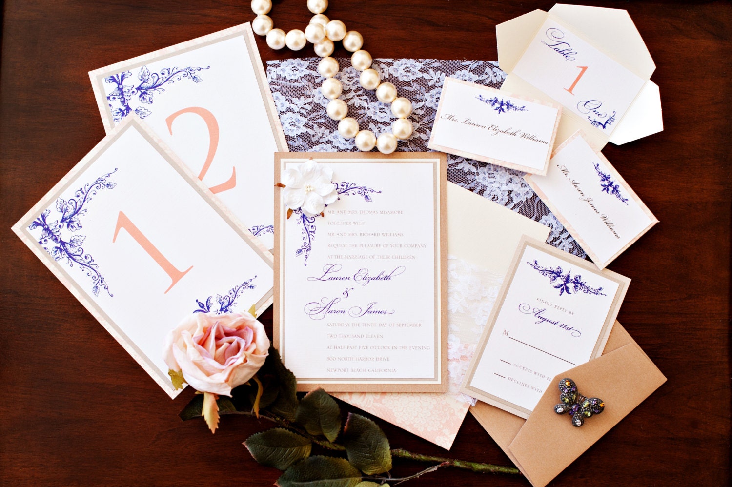 Vintage Floral Wedding Invitation Suite in a Pocket Card, Purchase to Start the Ordering Process