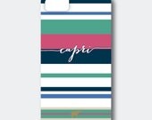 iPhone 5 or 4/4S Case - Emerald, Fuchsia, and Navy Stripes, Customized with your Name