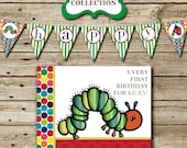 Very Hungry Caterpillar inspired DELUXE Birthday Party Package, printable invitation, thank you card, banner, sign, circles, tags, labels