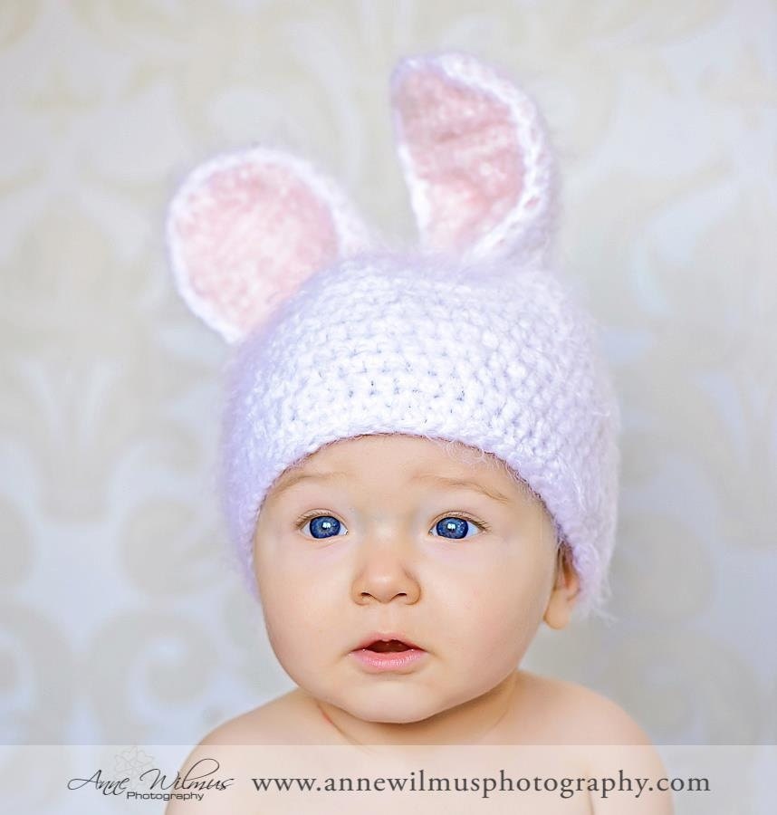 Fuzzy furry crochet bunny hat - Easter bunny - RTS - white pink 12 - 18 months