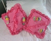 Vintage Boudoir pillows pillowcases - Set of 2 pink ruffled pillows with trim - ca 1940s - Unused