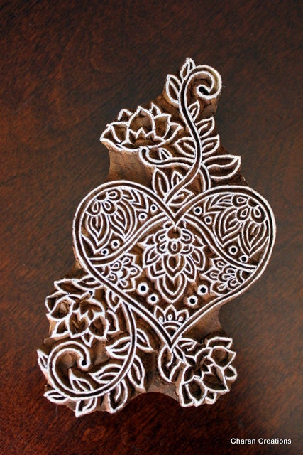 Hand Carved Indian Wood Textile Stamp Block- Heart and Flowers