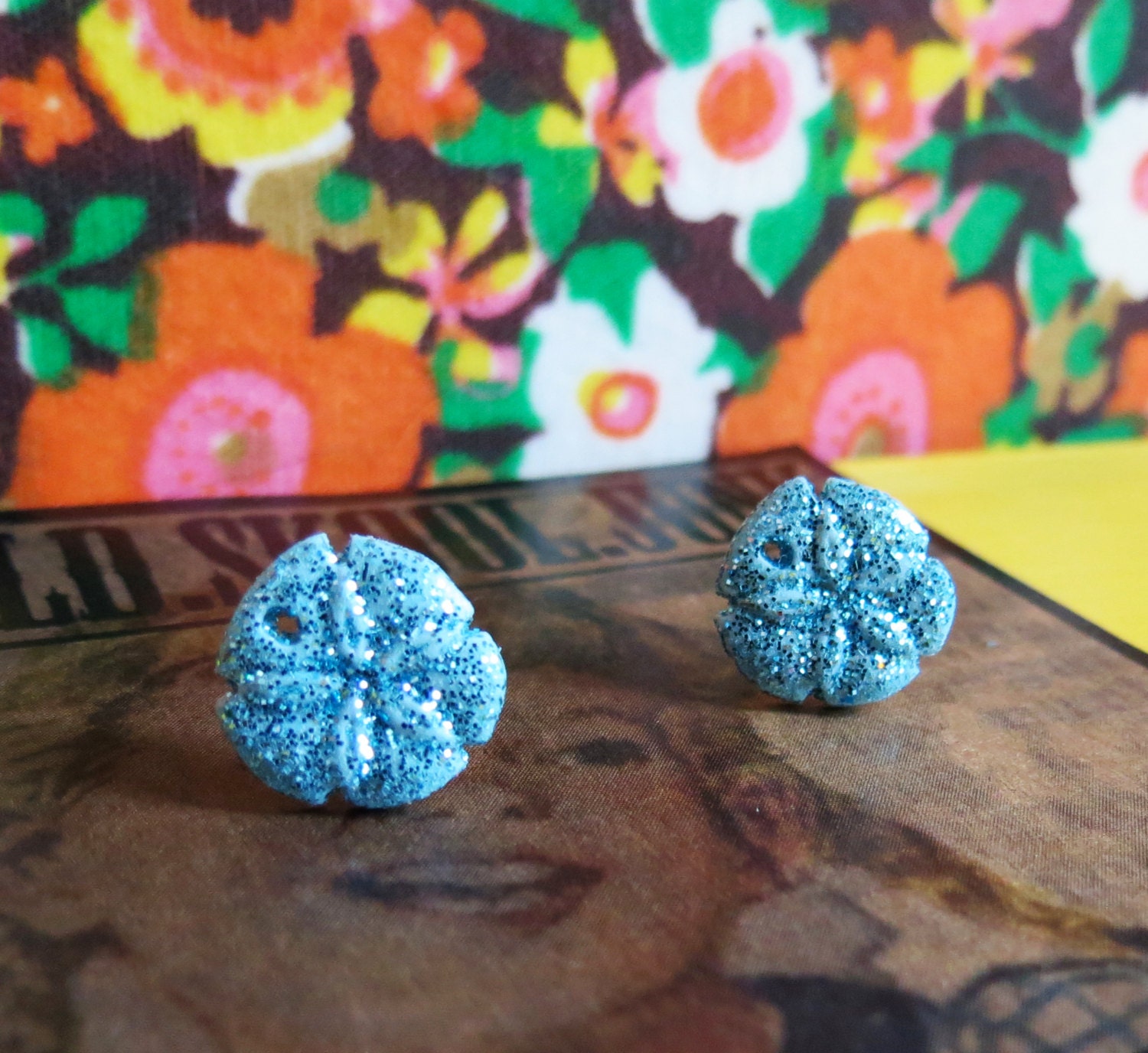 Sand Dollar Stud Earrings in Shimmering Blue Glitter