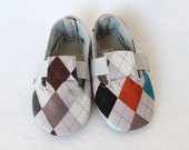 GREY ARGYLE-Orange, Teal, Brown Check Baby Boy Bootie, Soft Sole, Golf, Toddler, Cloth