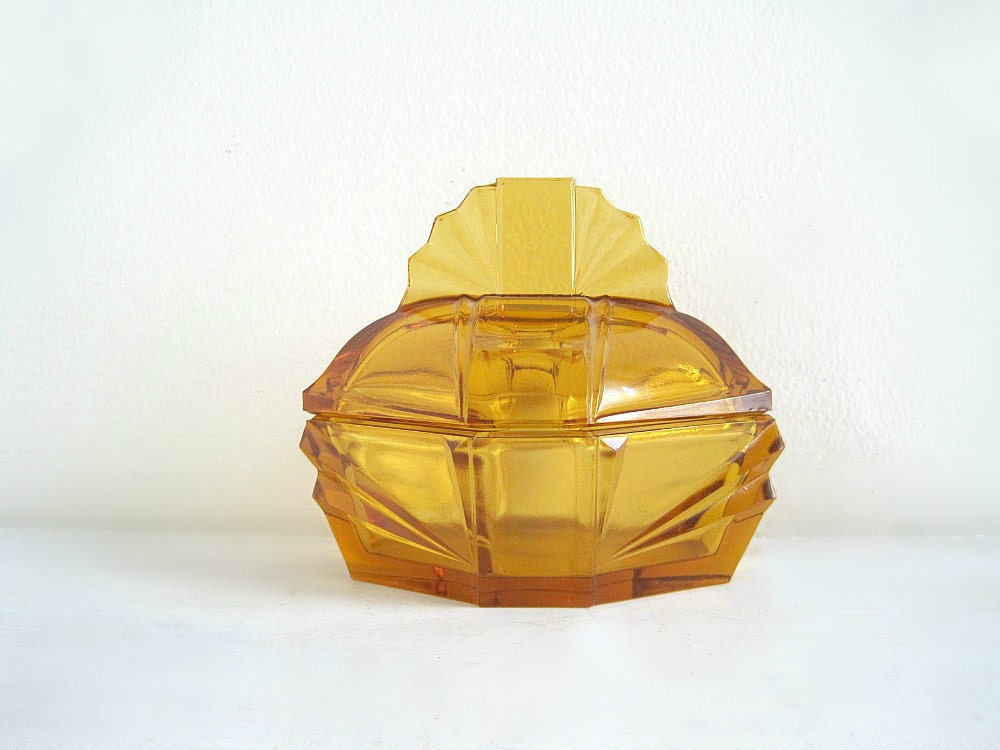 Art Deco Amber Glass Powder Puff Box