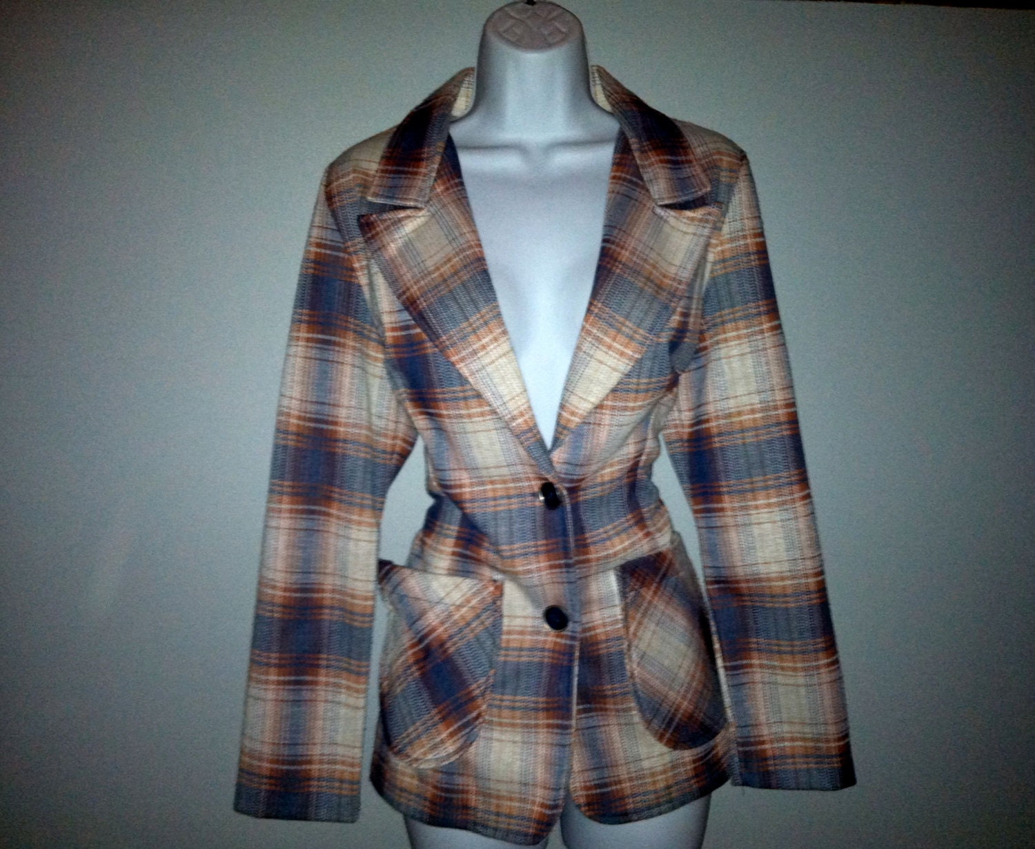 Vintage 1970s Plaid Retro Preppy Hipster Mad Men Style Blazer