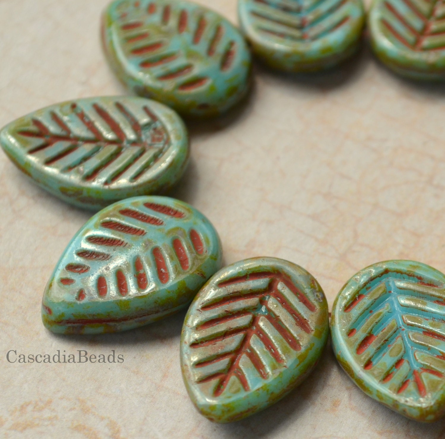 Czech Glass Bead - Leaf - Green Blue Turquoise - 6 - 16x12mm (cab-731)