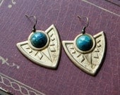 tribal inspired gold shield warrior earrings with chrysocolla stones