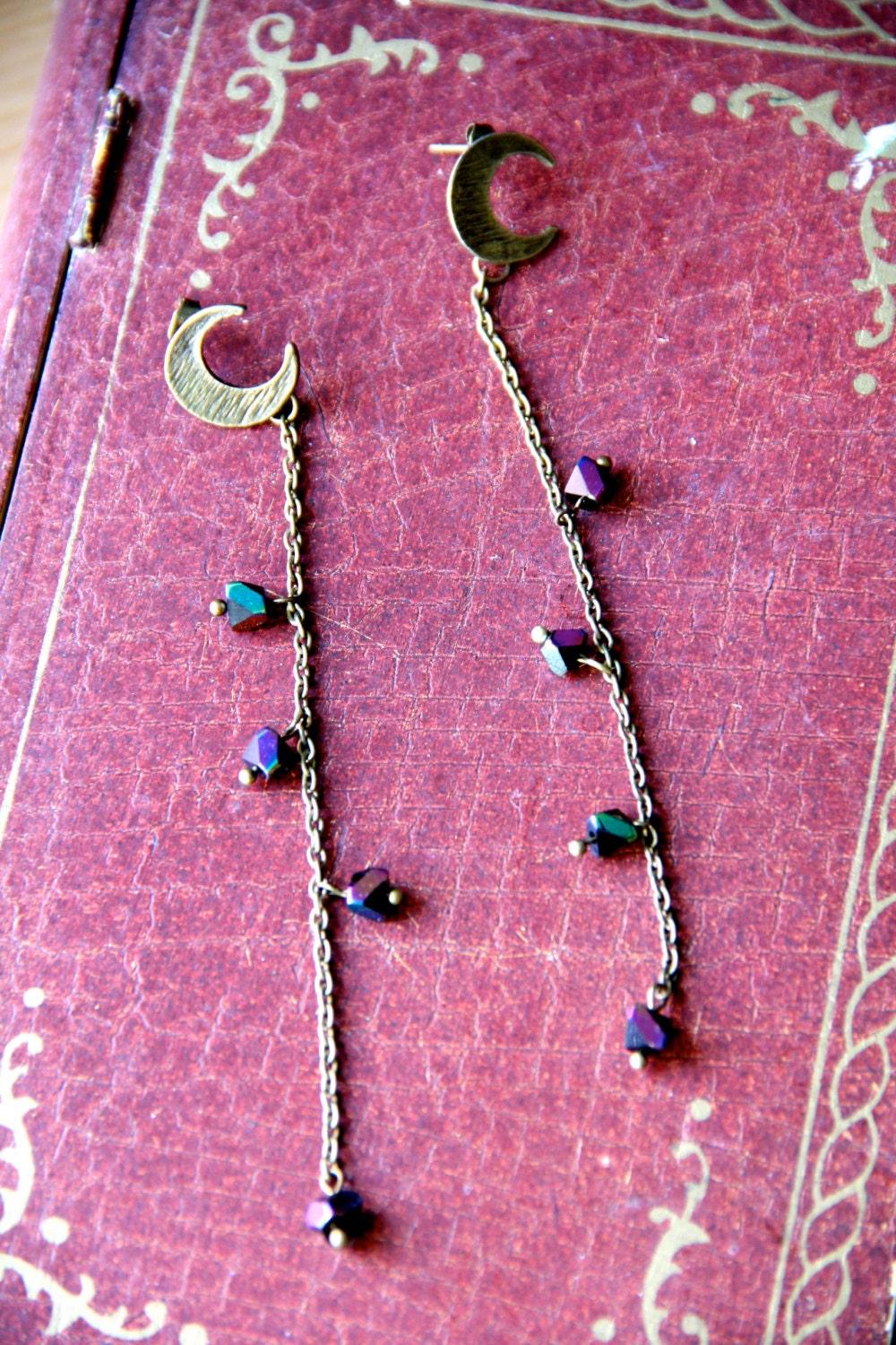 crescent moon dangle earrings with chameleon stone nuggets