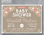 Sweet Pink Shabby Chic Rustic Floral & Kraft DIY Printable Baby or Bridal Shower Invitation 5x7 format - custom text