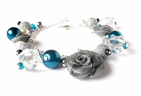 Silver Charm Bracelet Silver Roses Blue Pearls Turquoise Swarovski Crystals Polymer Clay Roses