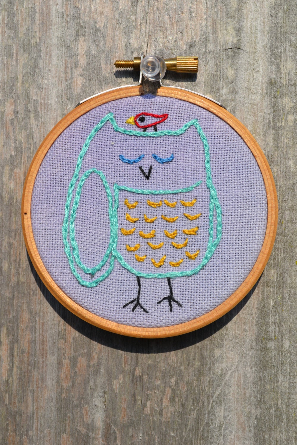 Woodland Owl Hand Embroidery Hoop with a Bird on it