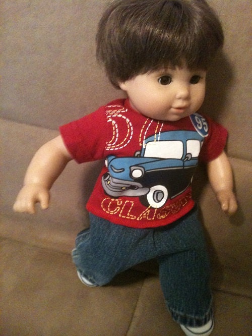 15 inch boy doll (modeled by Bitty Baby) Car Classic shirt and blue jeans