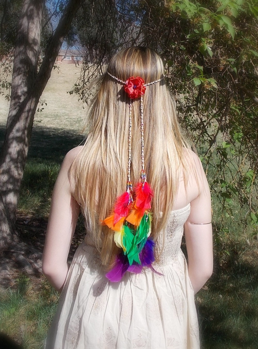 Rainbow Hippie Headband Feather Headband Belt Hemp Boho Head Wrap Bridal Head Crown Feather Extensions Hippie Wedding Bridal Headpiece
