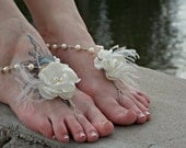 White Wedding Barefoot Sandals FEATURED on Magnolia Rouge - Beach barefoot Jewelry Bridal Shoes Satin Flowers Pearl Feathers Sandals Ivory