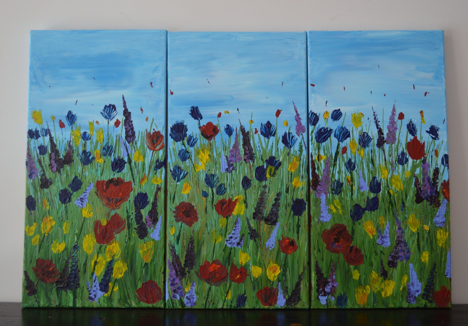 Floral Landscape, Colofil Flower Field, 24x36, Three Panel Triptych by MyImaginationIsYours