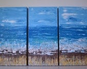 Landscape Beach Sea Scene, Waves Teal Blue Golds Browns Textured Multi Panel, 20x30 by MyImaginationIsYours