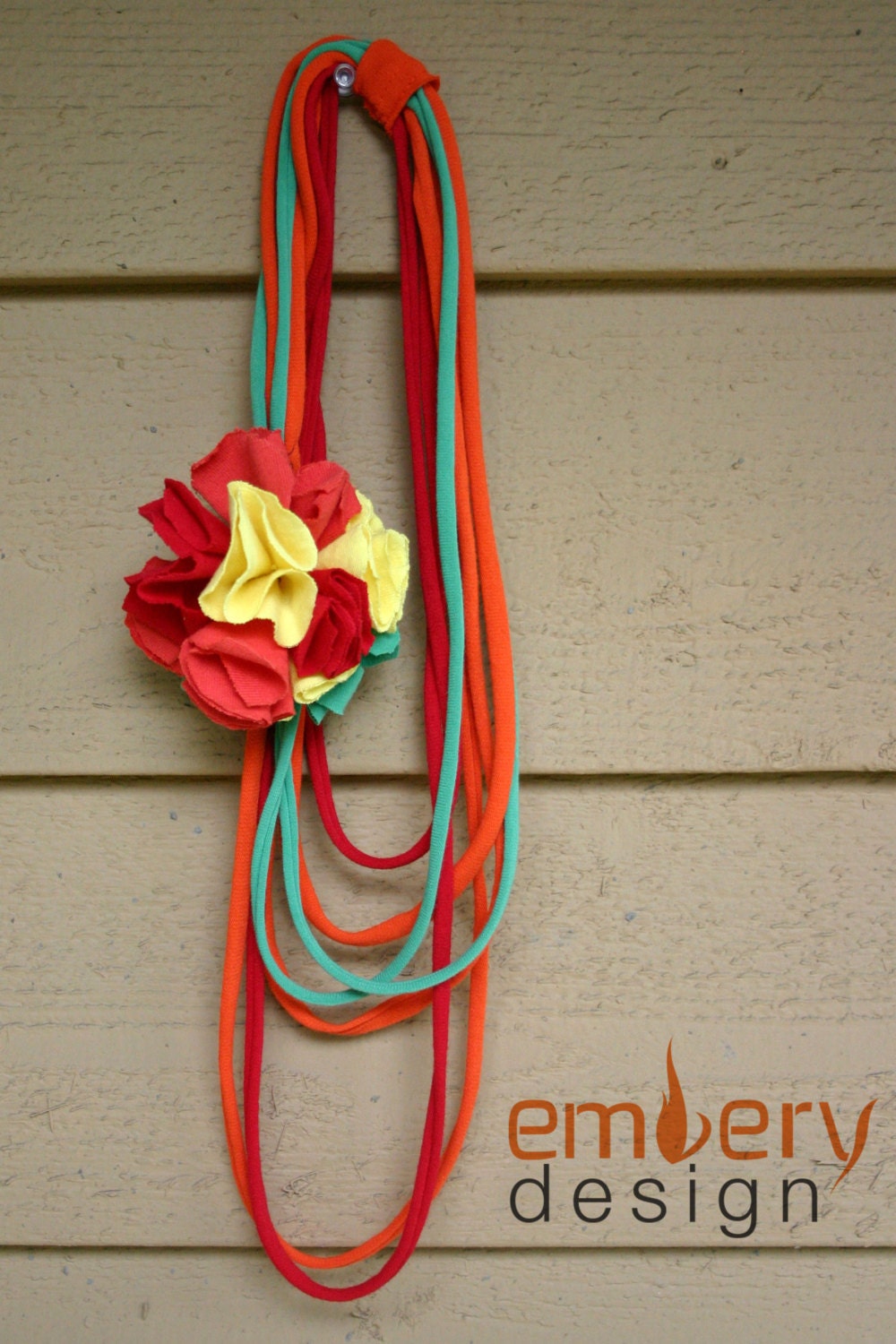 Multicolored Recycled T-shirt Flower Necklace - Red, Orange, Yellow
