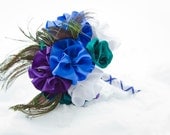 Offbeat Wedding Bridal Bouquet Peacock Feathers, Blue, Cream and Teal Satin Roses