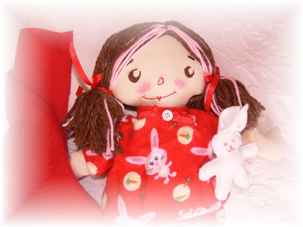 Cloth Rag Doll Handmade Raggedy Ann  Bunny's her name  15"  FREE U.S. SHIPPING